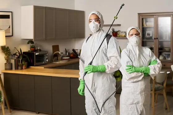 Pest-control professionals in a residential kitchen for Commercial Pest Control